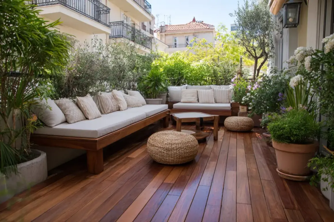 Terrasse en bois avec mobilier confortable, parfaite pour une rénovation extérieure maison. Plantes luxuriantes et vue sur les toits.