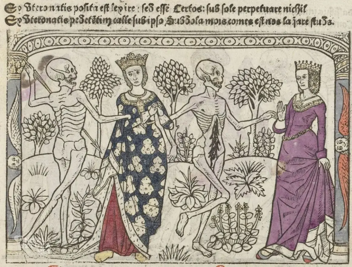 Taniec śmierci, motyw danse macabre w literaturze, ukazuje szkielety wiodące do tańca królową i damę.