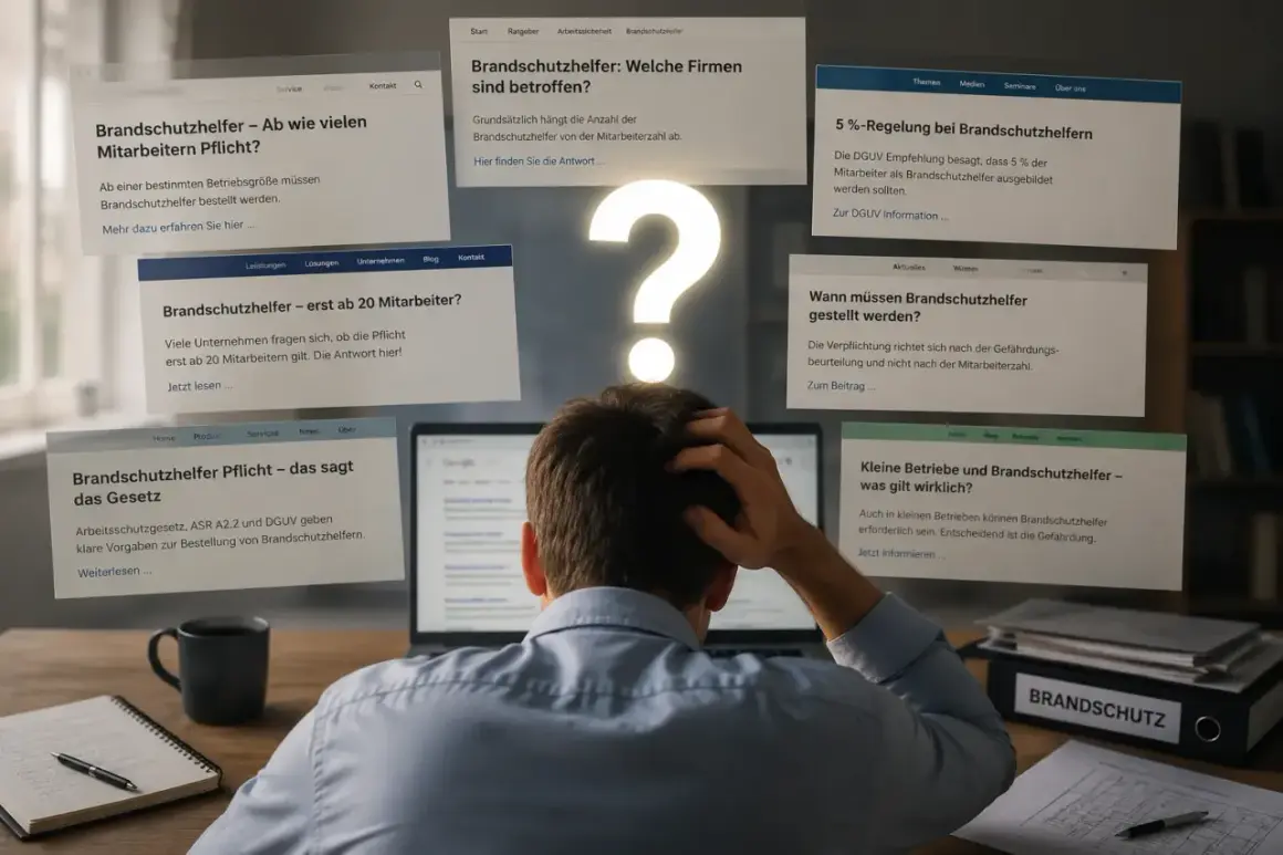 Mann sucht nach Informationen zur Brandschutzhelfer Pflicht. Mehrere Webseiten mit Fragen wie "Ab wie vielen Mitarbeitern Pflicht?" und "Welche Firmen sind betroffen?" schweben um ihn herum.