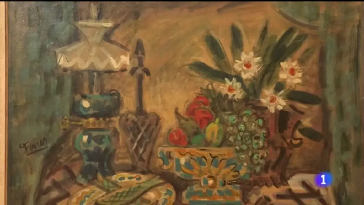 Naturaleza muerta con flores y frutas, obra del pintor Pedro Flores.