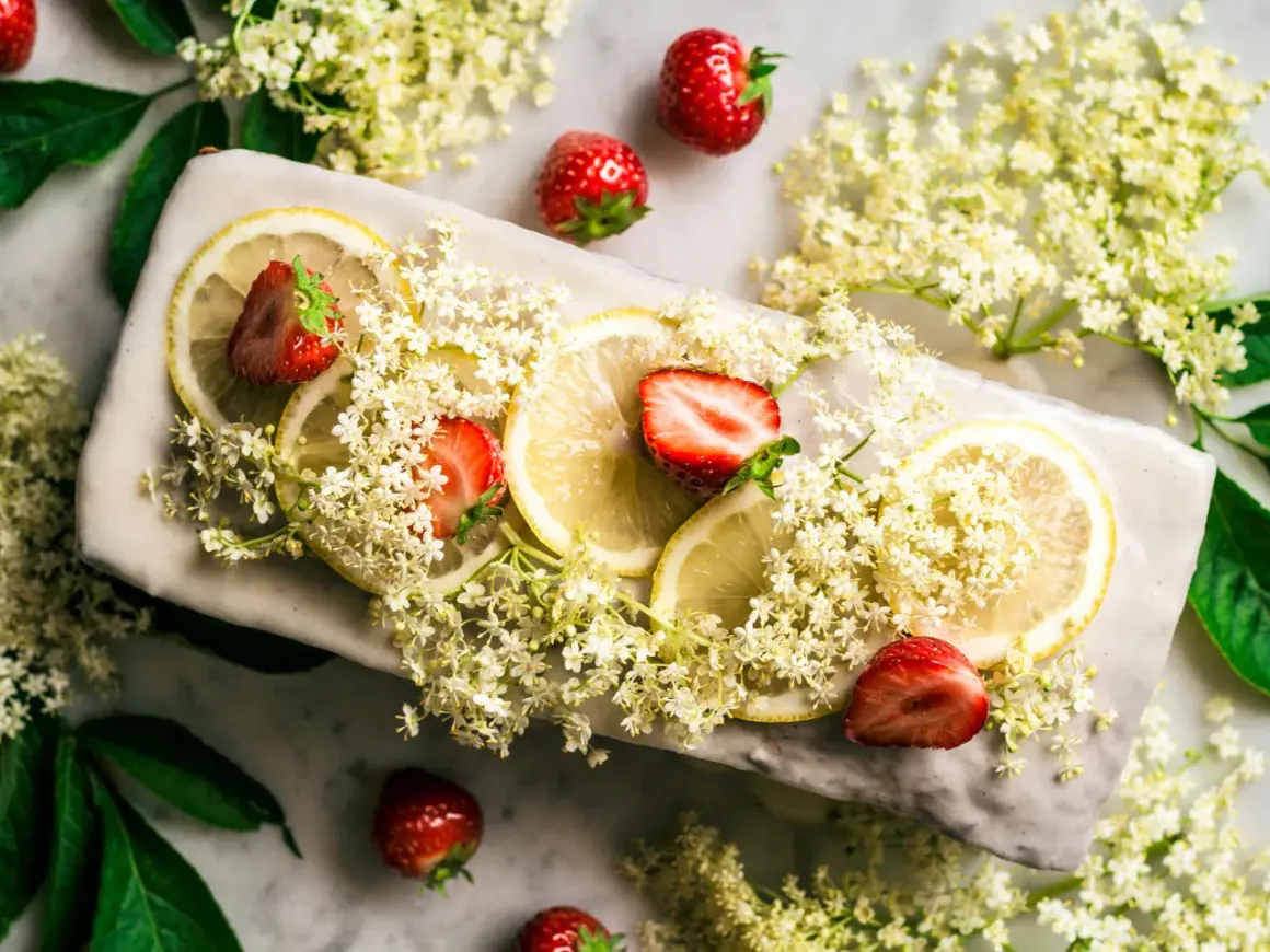 Zarte Holunderblüten, Zitronenscheiben und Erdbeeren zieren ein Gericht, das an einen sommerlichen Holunderkuchen erinnert.
