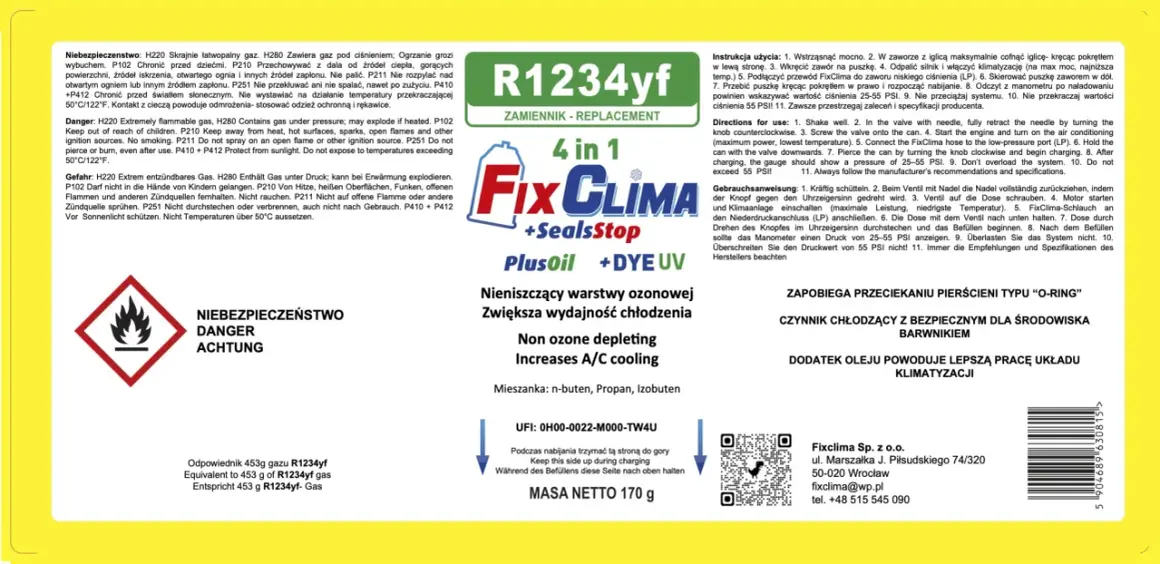 Czynnik klimatyzacji R1234yf Fix Clima 4w1, zapobiega przeciekom, zwiększa wydajność.