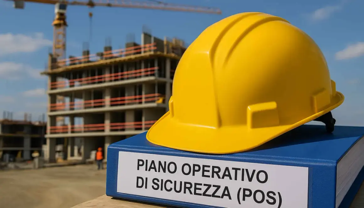 Elmetto giallo su un faldone con scritto "PIANO OPERATIVO DI SICUREZZA (POS)" in un cantiere edile in costruzione.