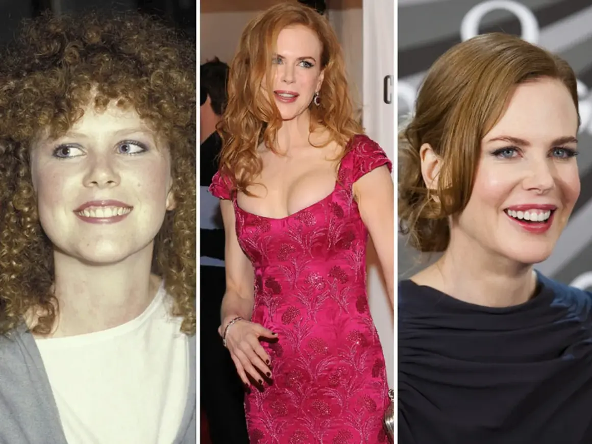 Nicole Kidman jung mit lockigen Haaren, dann in einem pinken Kleid und schließlich mit hochgesteckten Haaren.