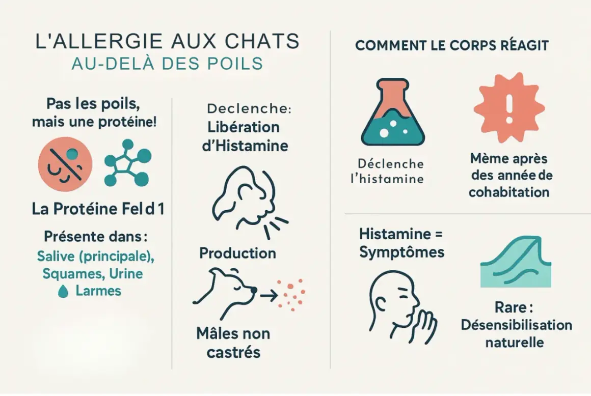 L'allergie aux chats est causée par la protéine Fel d 1, présente dans la salive, les squames, l'urine et les larmes. Elle déclenche la libération d'histamine, provoquant des symptômes. Le pollen de chat peut aussi être un déclencheur.