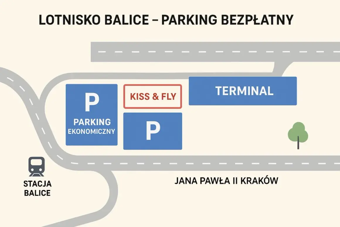 Plan lotniska Balice koło Krakowa: parking ekonomiczny, Kiss & Fly, terminal, stacja Balice.