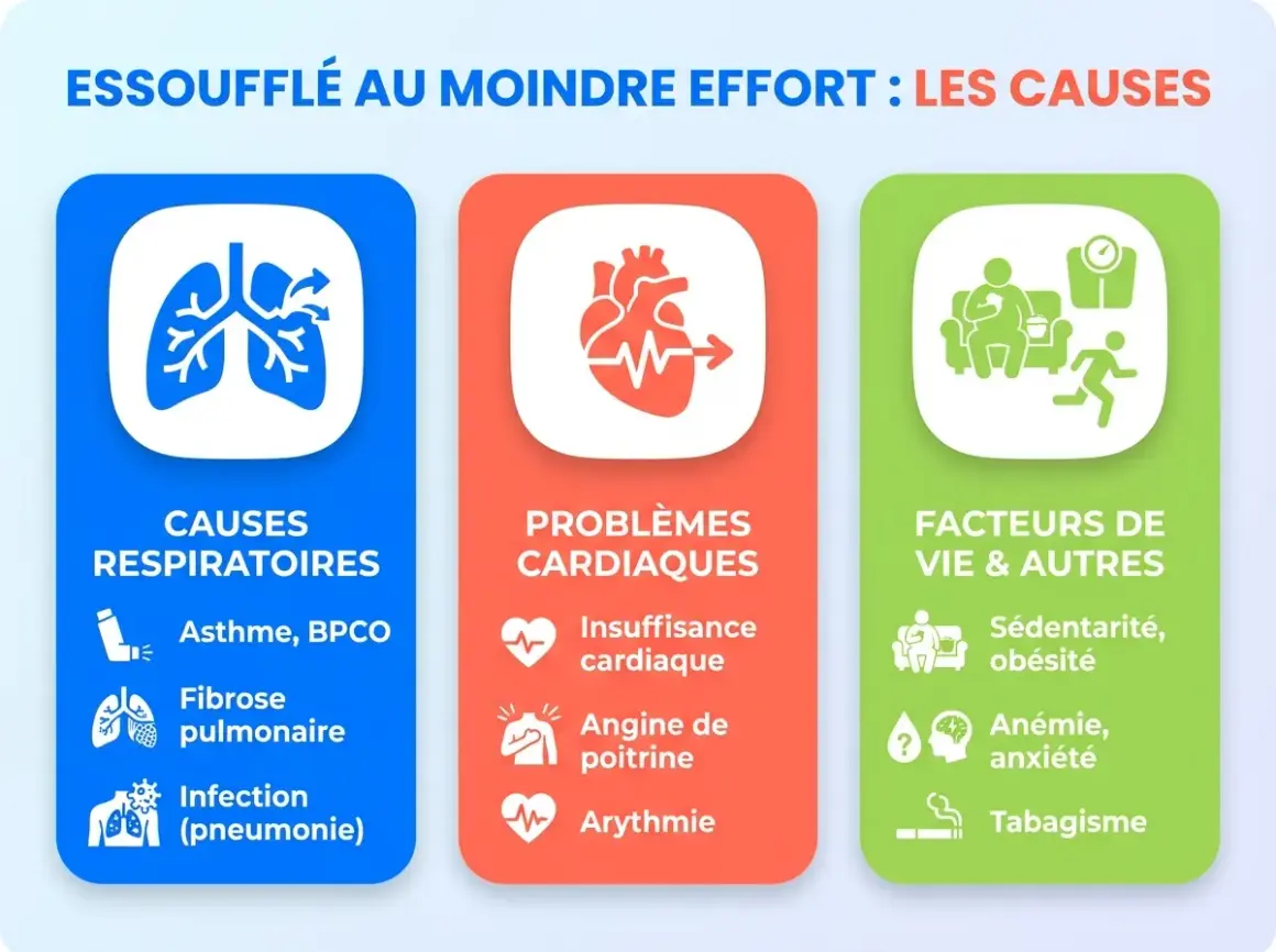 Essoufflé au moindre effort : causes respiratoires (asthme, infection), cardiaques (insuffisance, angine) et facteurs de vie (obésité, anxiété, tabagisme).