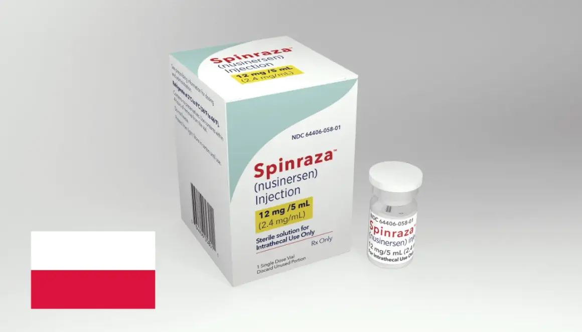 Opakowanie i fiolka leku Spinraza (nusinersen) na białym tle, z polską flagą.
