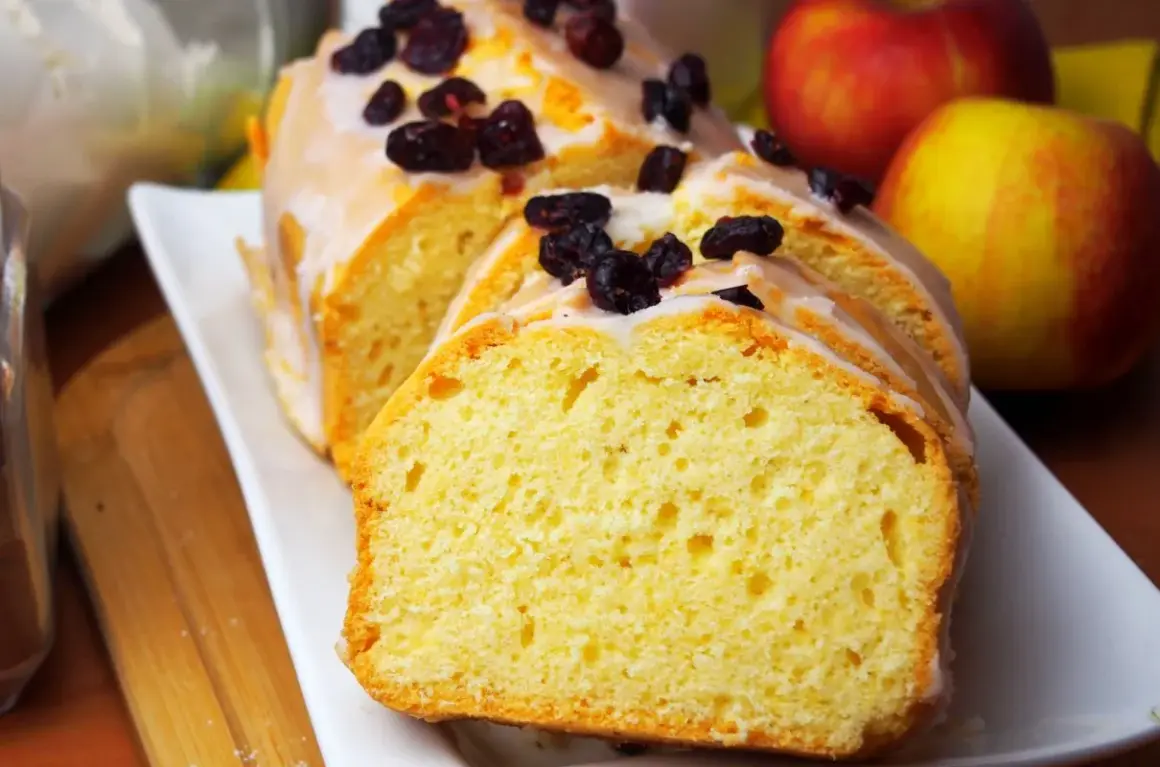 Wilgotna babka na oleju z kakao, polana lukrem i posypana żurawiną, obok jabłek.