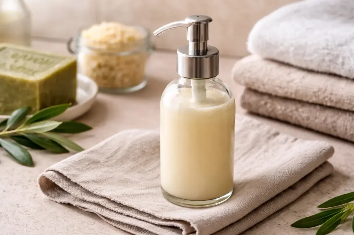 Sapone di Marsiglia liquido in dispenser, ideale per pulire casa con ingredienti naturali. Accanto, una saponetta verde e soffici asciugamani.