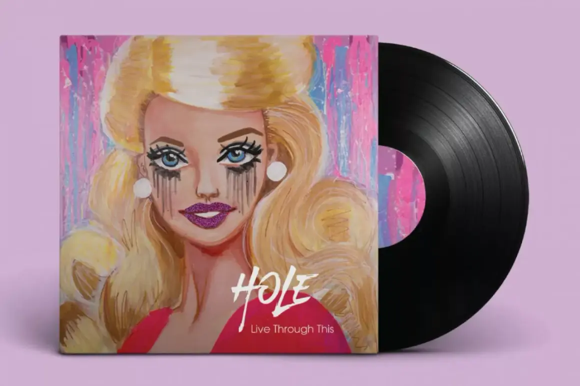 Diseño de portadas de discos: retrato de muñeca con maquillaje corrido y labios brillantes, junto a un vinilo negro.