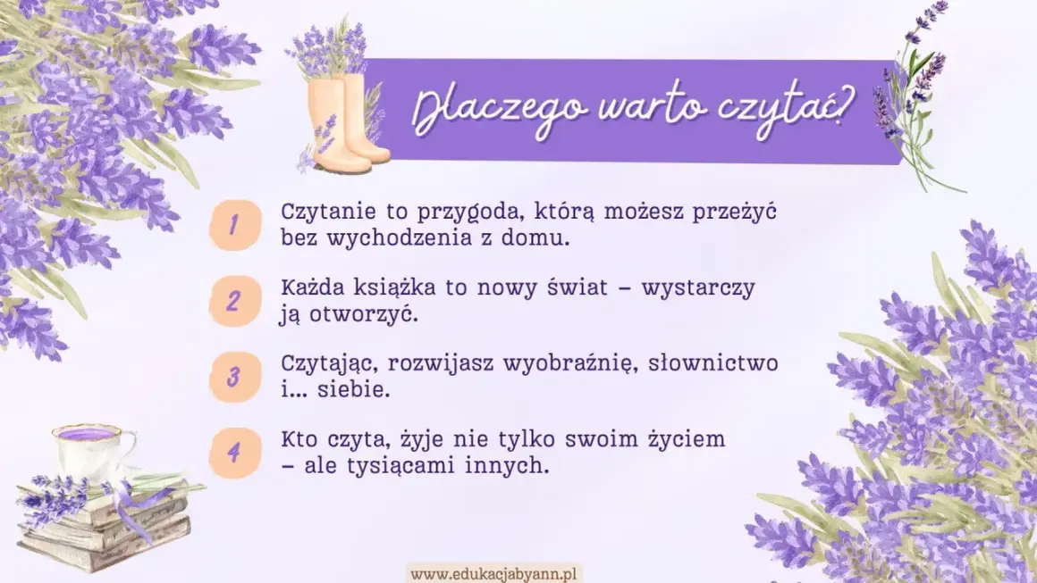 Cytaty zachęcające do czytania książek dla dzieci: "Czytanie to przygoda", "Każda książka to nowy świat", "rozwijasz wyobraźnię", "żyje tysiącami innych".