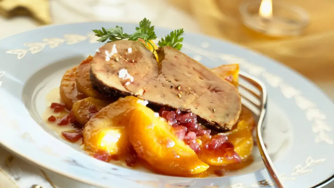 Tosta de foie a la plancha con melocotón caramelizado y cebolla roja. Un plato elegante, perfecto para una cena especial.