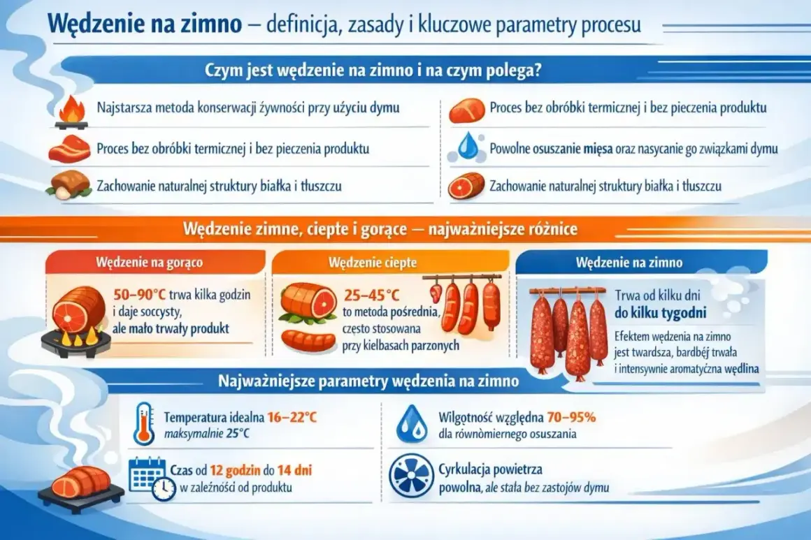 Wędzenie na zimno to proces konserwacji mięsa, który trwa od kilku dni do kilku tygodni. Efektem jest twarda, trwała i aromatyczna wędlina.