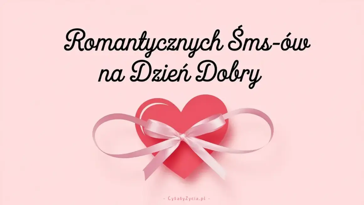Romantyczne smsy na dzień dobry. Czerwone serce z różową wstążką i kokardką, tło w kolorze pudrowego różu.