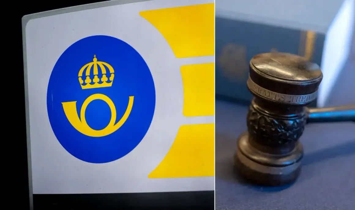 Postverkets logotyp och en domarhammare. Vad betyder interimistiskt? Kanske en tillfällig lösning i väntan på ett domslut.