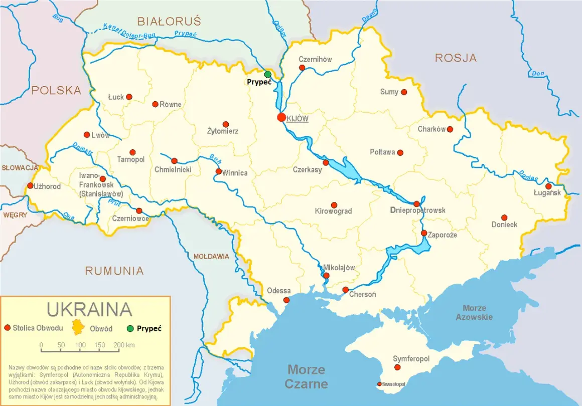 Mapa Ukrainy z zaznaczonym Prypeciem, miastem, gdzie jest Czarnobyl.