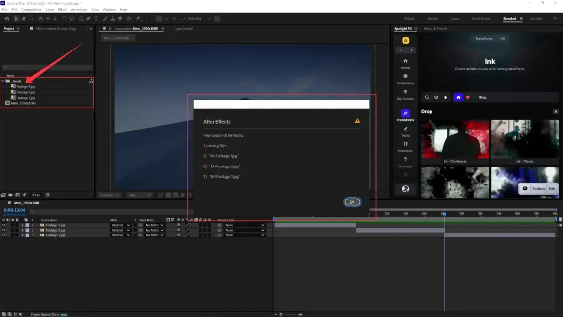 After Effects shows missing files error, indicating how to relink files in After Effects.