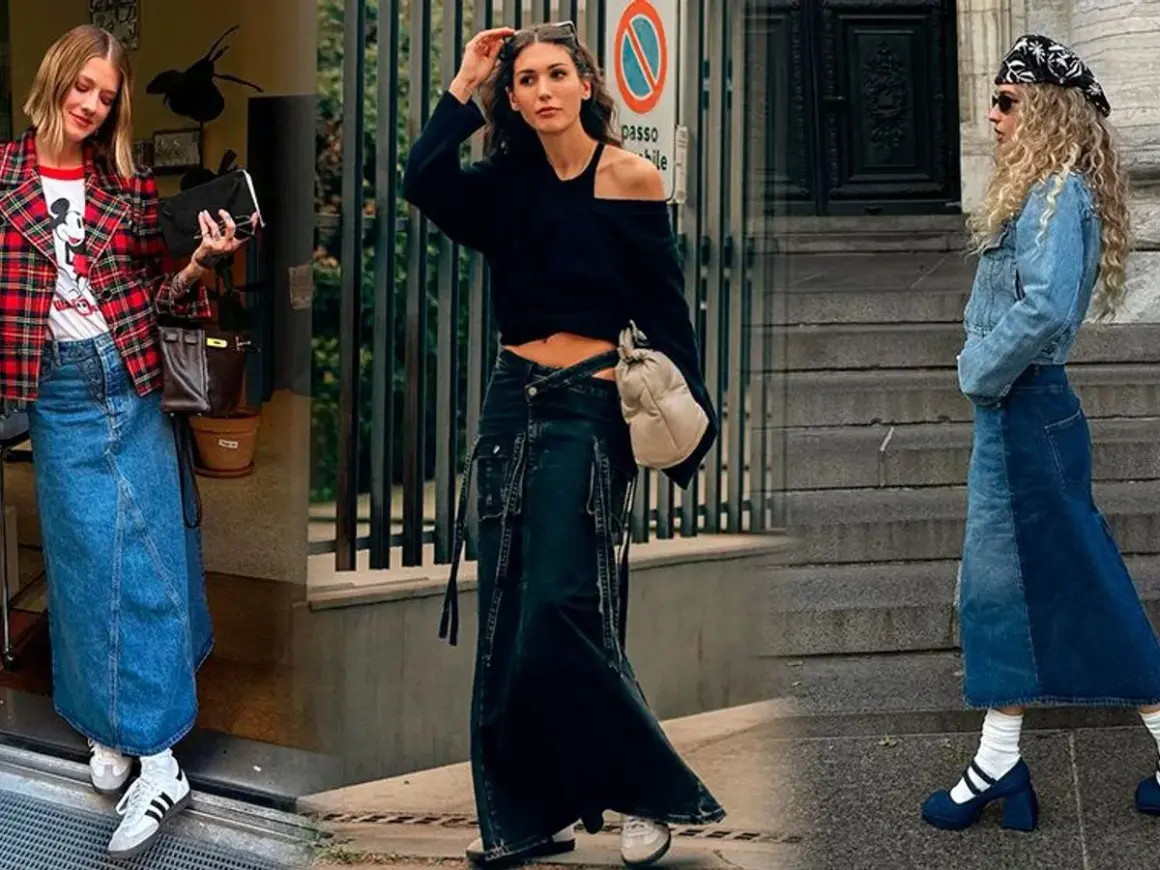 Tres mujeres lucen una falda vaquera larga. La de la izquierda, con chaqueta de cuadros y camiseta de Mickey. La del centro, con top negro y falda de cargo. La de la derecha, con chaqueta vaquera y pañuelo.