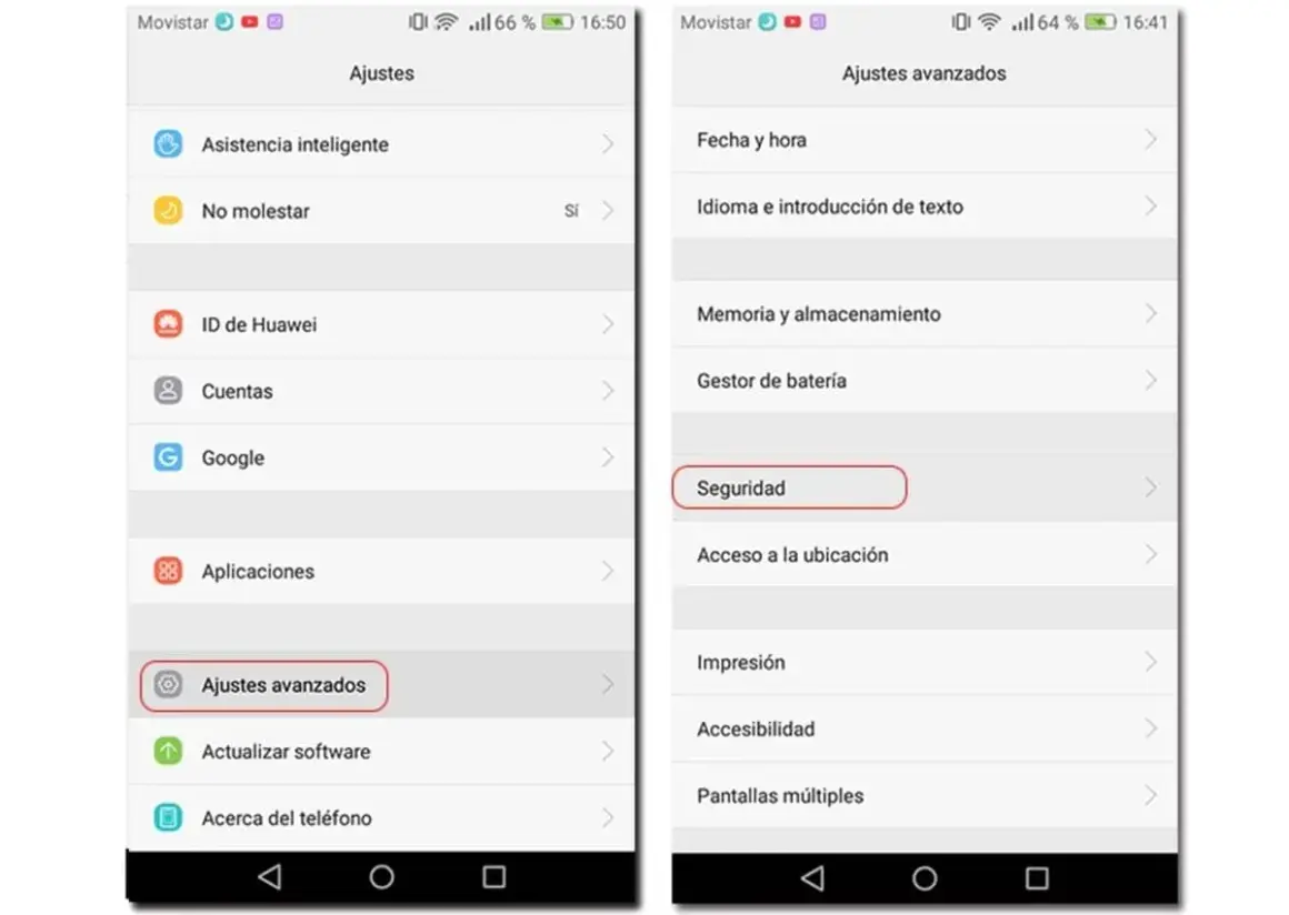Ekran telefonu z ustawieniami. Widać opcję "Seguridad", gdzie można ustawić kod PIN.