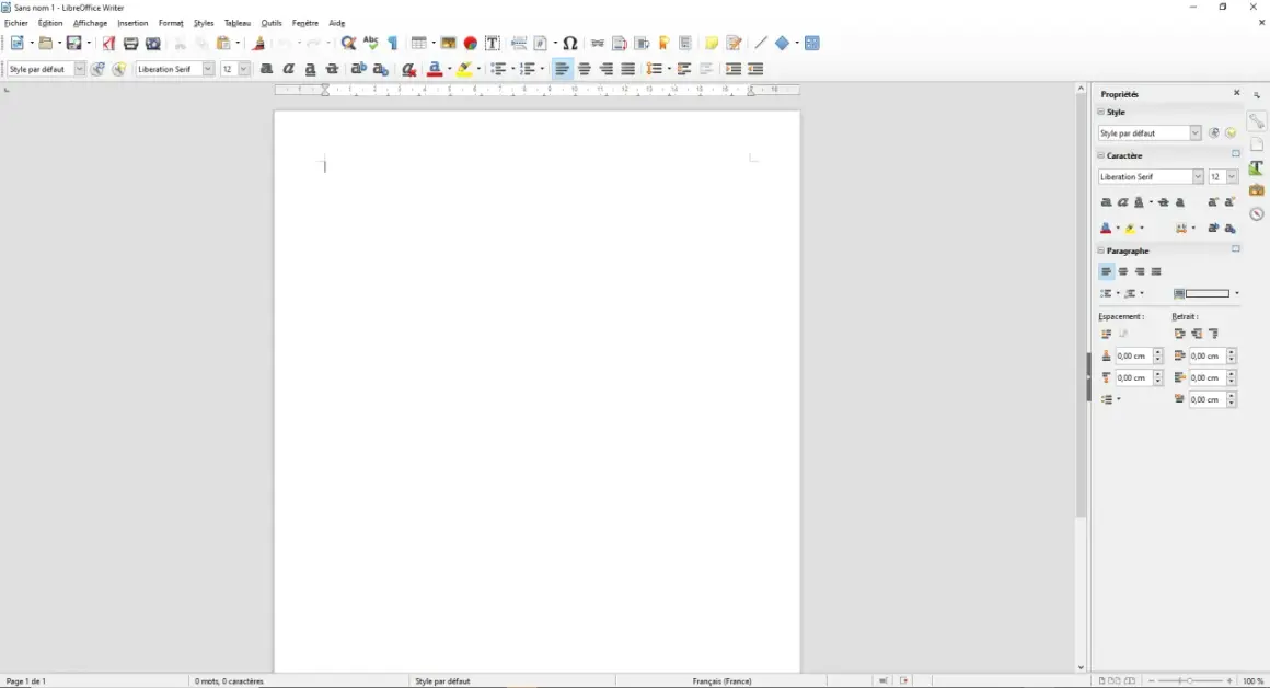 Interface de LibreOffice Writer, une application pour écrire un livre, avec des options de mise en forme de texte et de paragraphe visibles.
