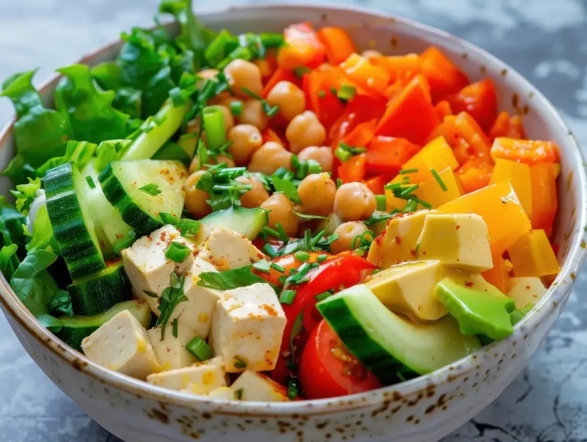 Salade colorée de pois chiches, concombre, poivrons, tomates et tofu en dés.