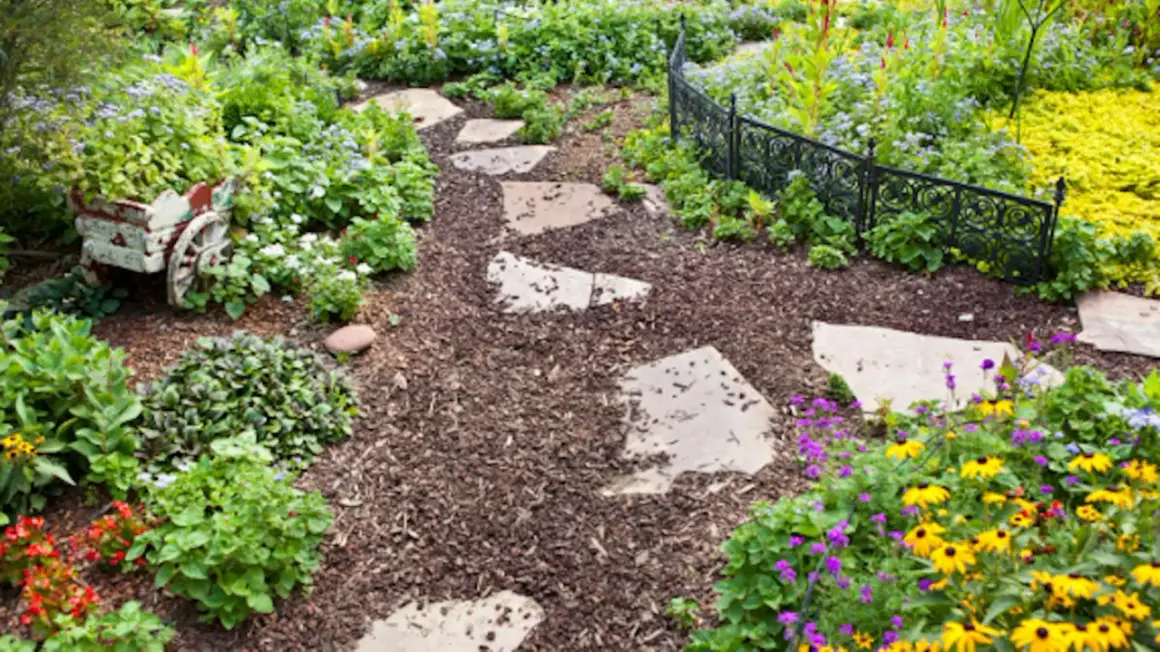 Sentiero in pietra attraverso un giardino fiorito, con pacciamatura che ne evidenzia il significato di cura e bellezza naturale.