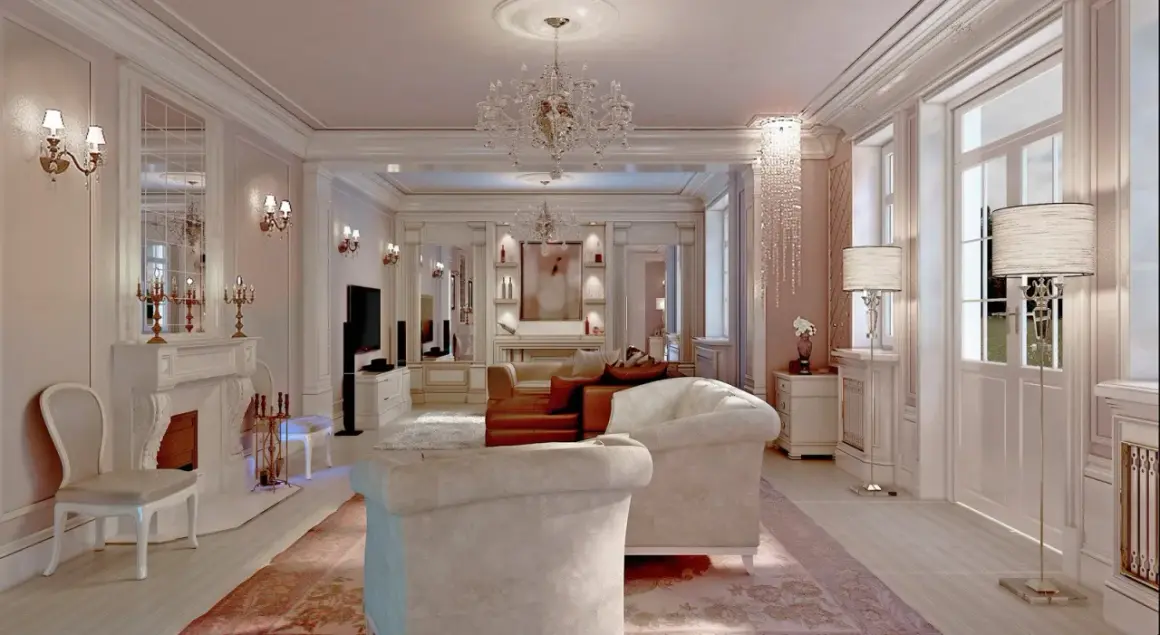 Elegancki salon w stylu francuskim, z kryształowymi żyrandolami, kominkiem i wygodnymi sofami.