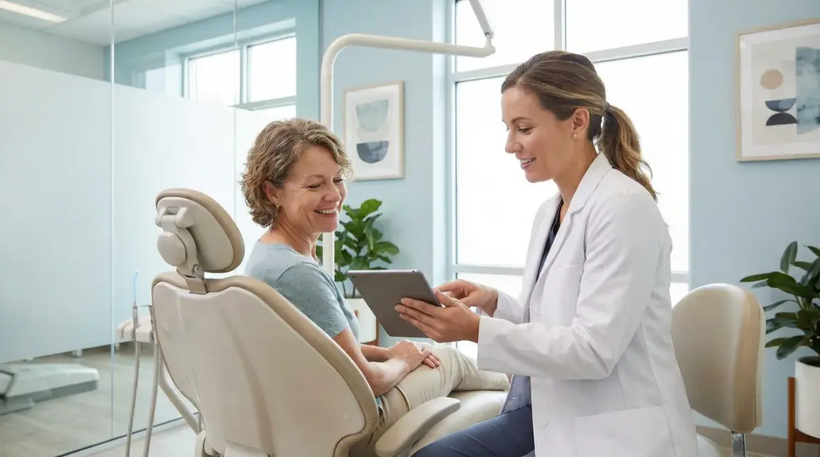 Dentystka w białym fartuchu pokazuje coś na tablecie pacjentce siedzącej na fotelu dentystycznym.
