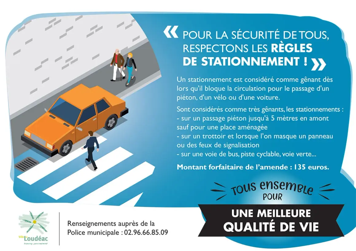 Un homme traverse sur un passage piéton, une voiture orange est garée sur le trottoir, bloquant la vue. Le stationnement sur trottoir est interdit.