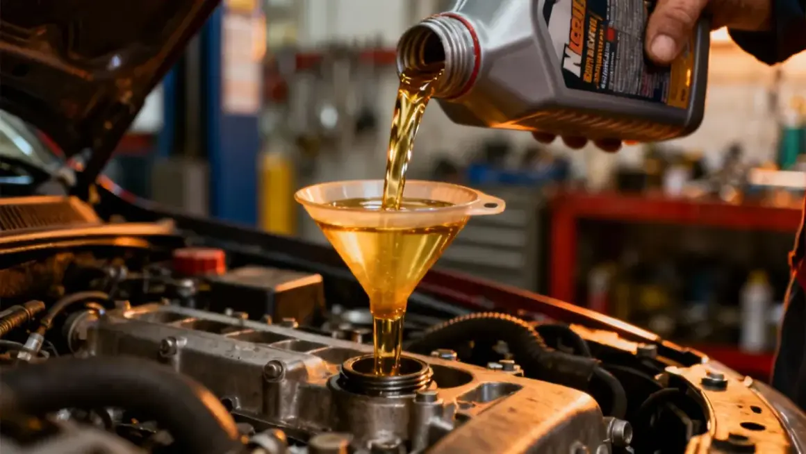 Un mécanicien verse de l'huile neuve dans le moteur d'une voiture essence lors d'une vidange.
