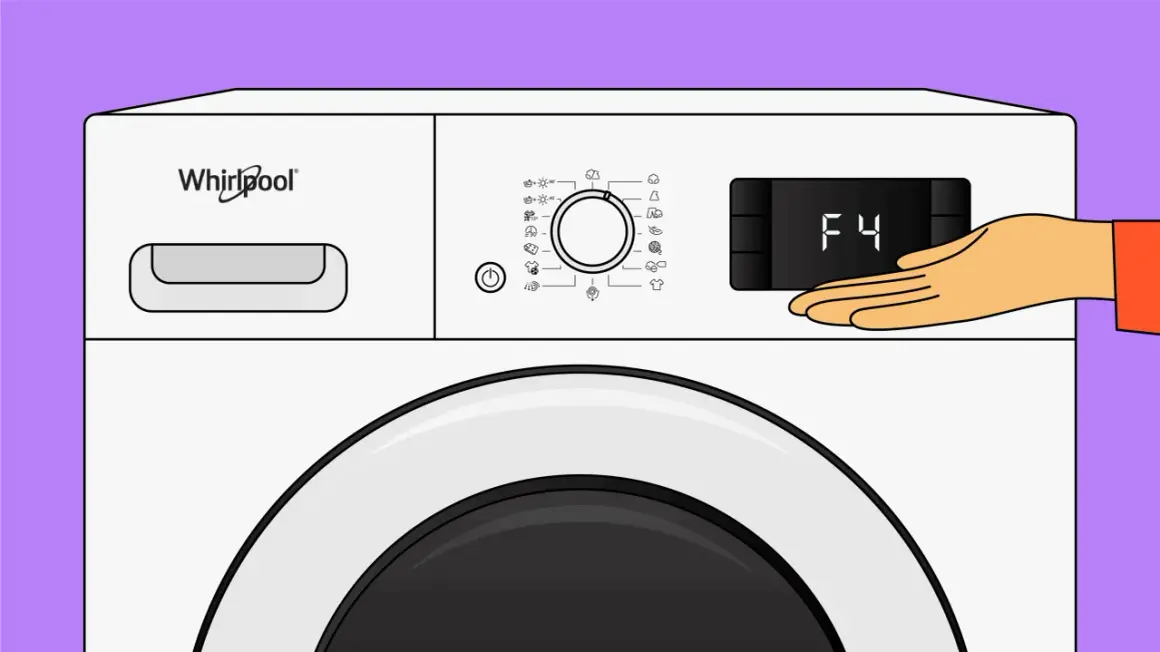Main d'une personne touche l'écran d'un lave-vaisselle Whirlpool affichant le code erreur F4.
