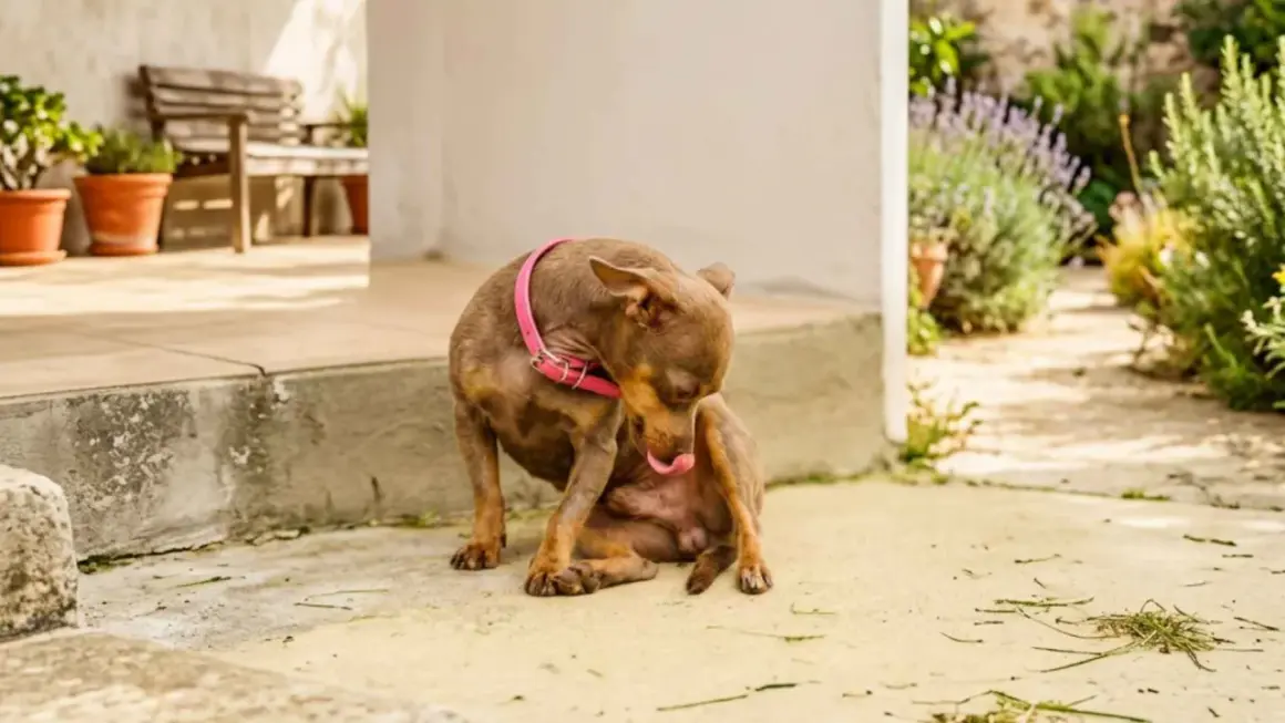 Perro pequeño con collar rosa se lame la pata, parece que el perro no puede orinar.