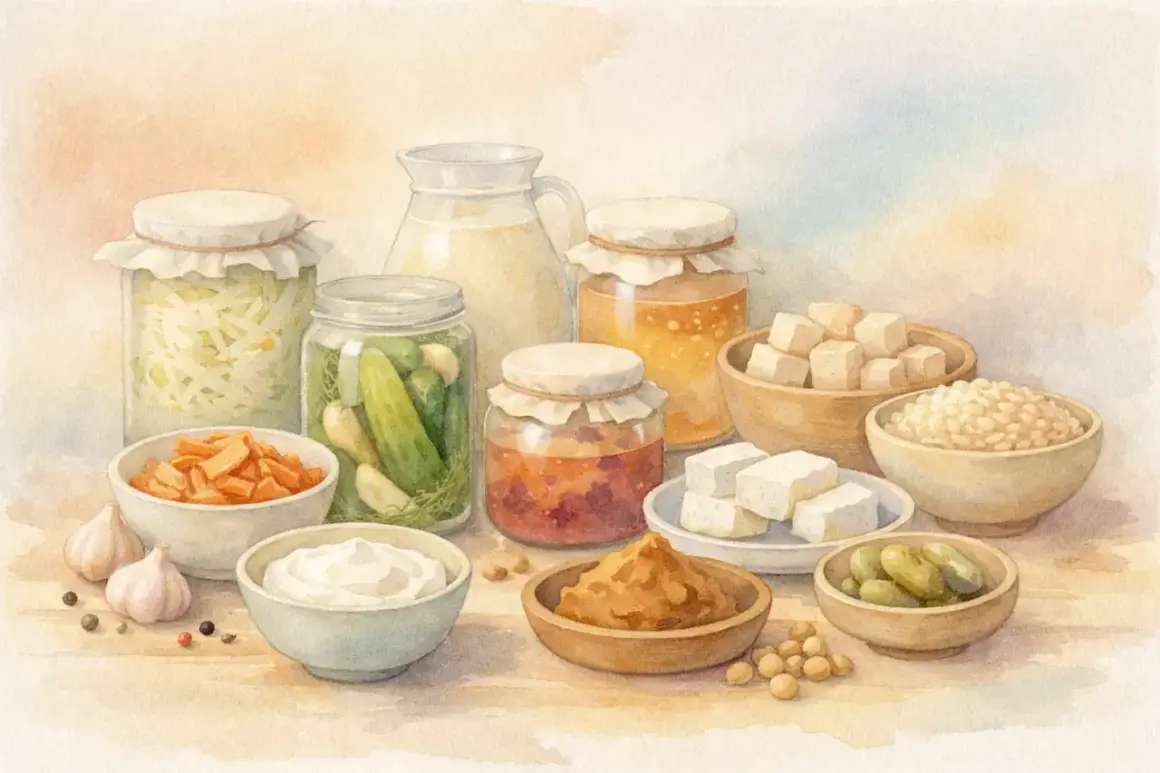 Vielfalt an fermentierten Lebensmitteln: Sauerkraut, eingelegte Gurken, Miso, Tofu, Joghurt und mehr.