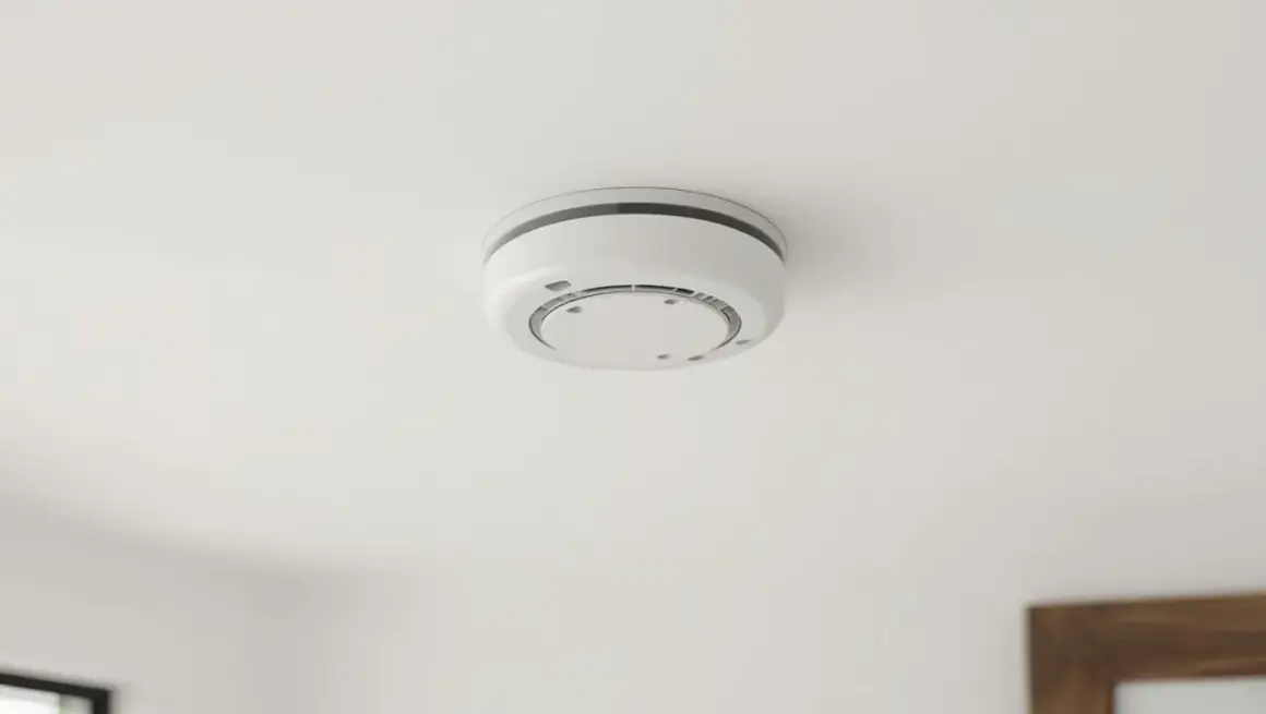 Moderner Rauchmelder an der Decke. Rauchmelder kleben verboten, nur fachgerechte Montage!
