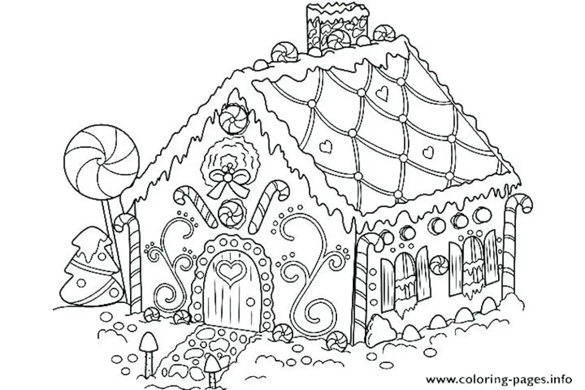 Casa de jengibre decorada con dulces, bastones de caramelo y un árbol de Navidad. Dibujos de Navidad para colorear.