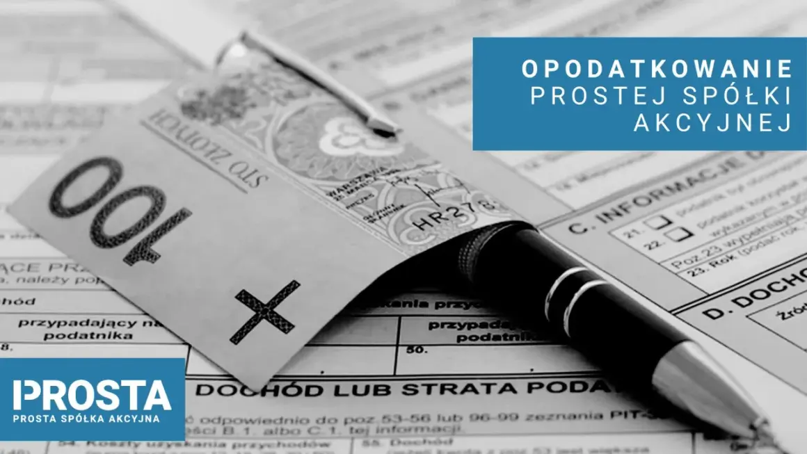 Złotówka na formularzu podatkowym, długopis i napis "OPODATKOWANIE PROSTEJ SPÓŁKI AKCYJNEJ".