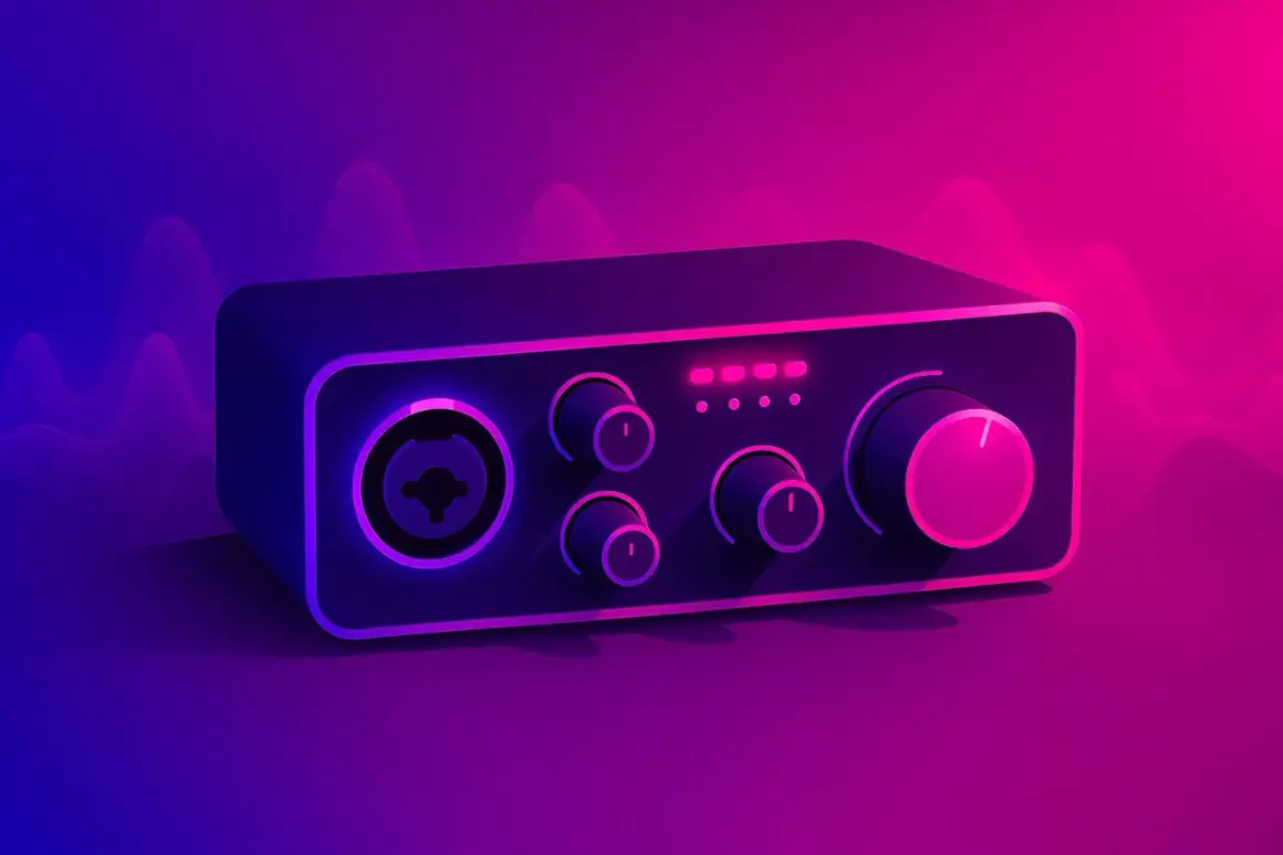 Interfejs audio z różnymi rodzajami złącz, pokrętłami i wskaźnikami LED. Tło z falami dźwiękowymi.