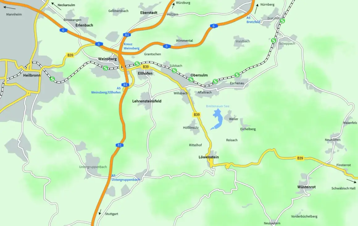 Karte zeigt die Region für eine Weinsberger Weinwanderung mit Orten wie Heilbronn, Weinsberg und Löwenstein.