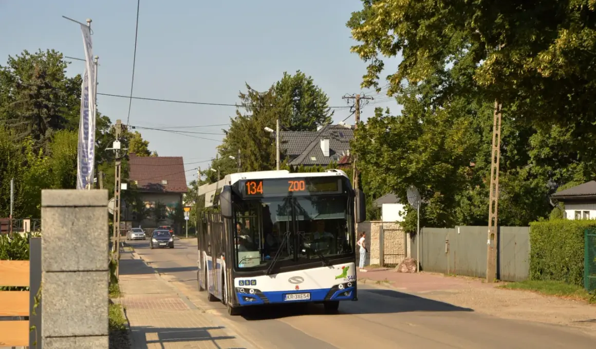 Autobus linii 134 z napisem "ZOO" jedzie ulicą w Krakowie, wśród zieleni i domów.