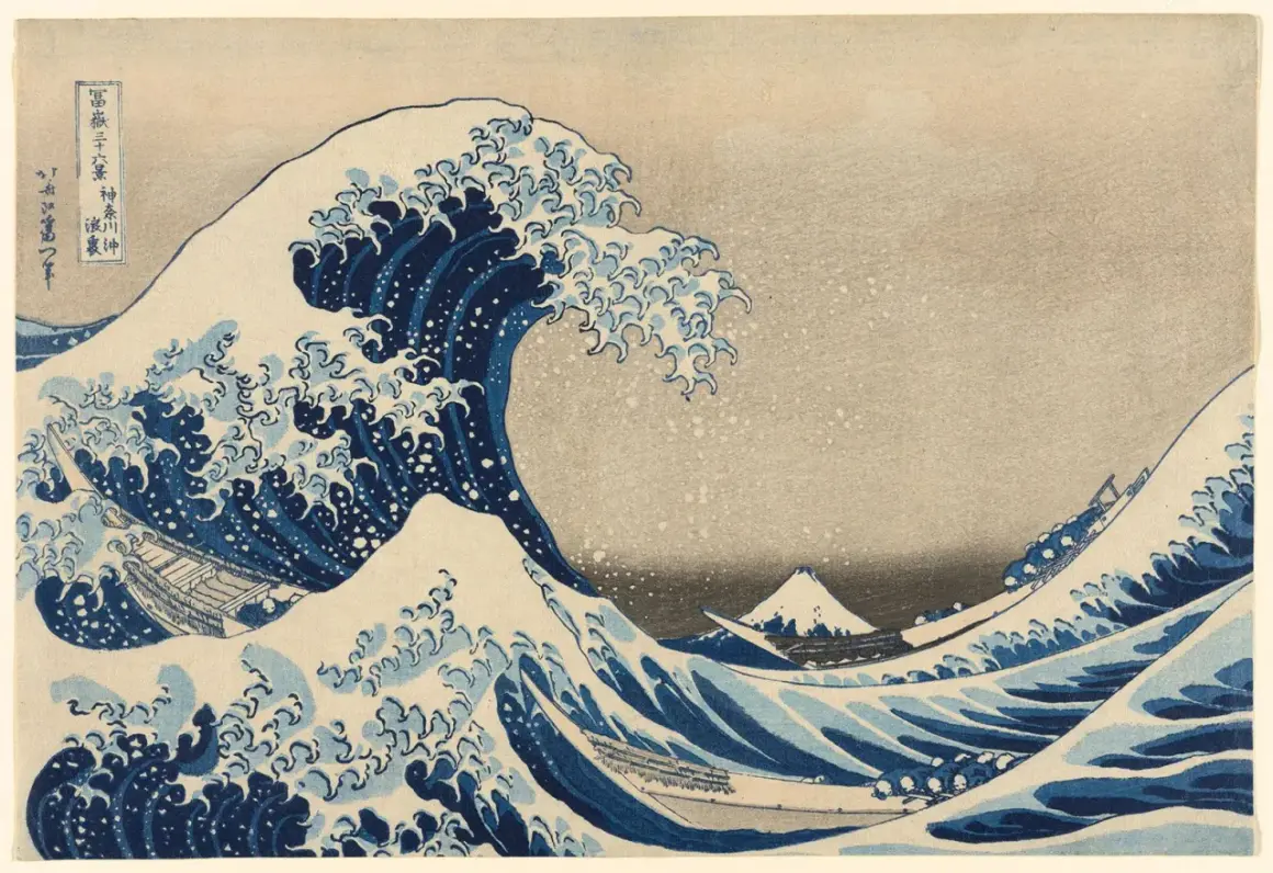 A powerful wave crashes in this iconic piece of modern Japanese art, with boats struggling against the spray and Mount Fuji in the distance.