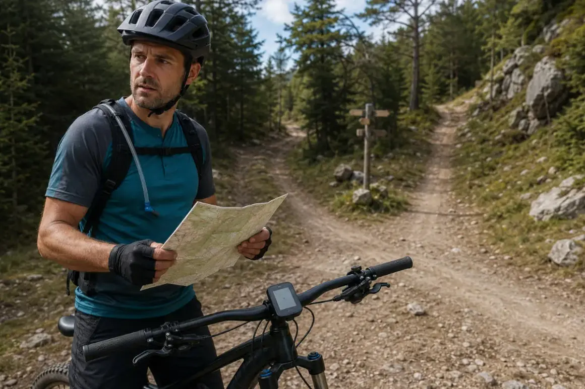 Ciclista con casco y mochila de hidratación consulta un mapa en un sendero de montaña, buscando la ruta ideal, quizás comparándola con un archivo GPX.