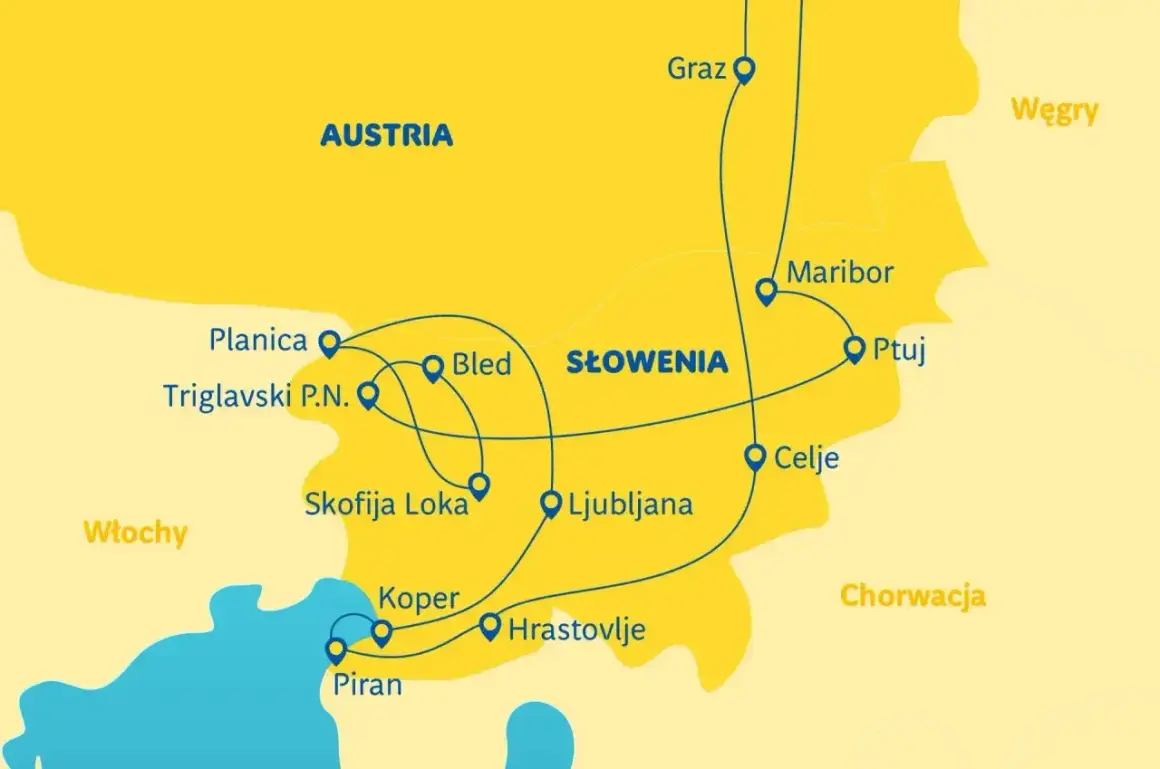 Mapa Słowenii z zaznaczonymi trasami. Pokazuje najkrótsza droga do Chorwacji przez Austrię i Słowenię, z miastami jak Bled, Ljubljana, Piran.