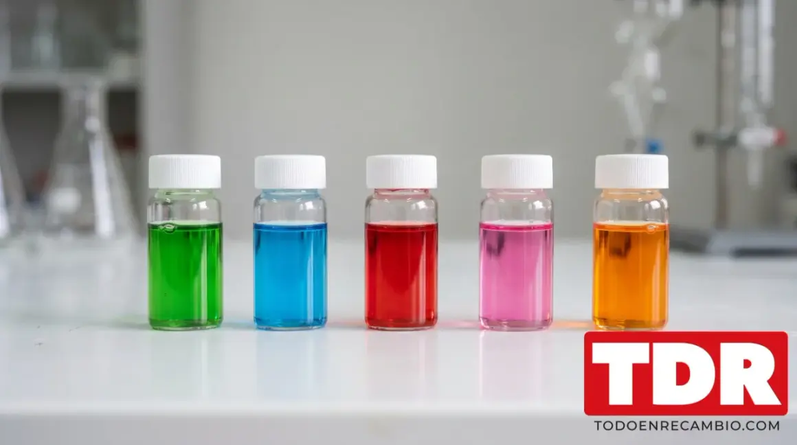 Cinco viales con líquidos de distintos colores: verde, azul, rojo, rosa y naranja. El color del anticongelante puede variar.