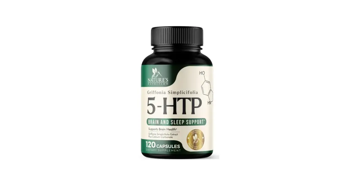 Butelka suplementu 5-HTP marki Nature's Nutrition z napisem "Brain and Sleep Support".