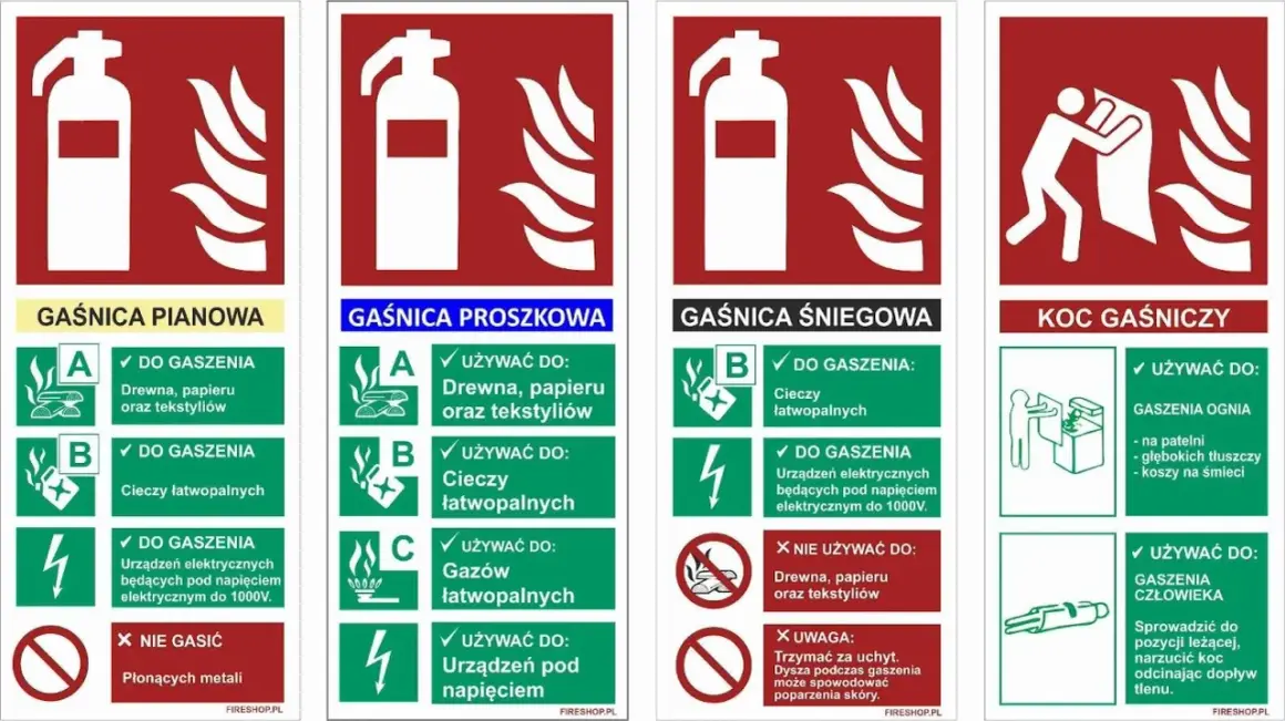 Instrukcje dotyczące różnych grup pożarów: gaśnice pianowe, proszkowe, śniegowe i koc gaśniczy.