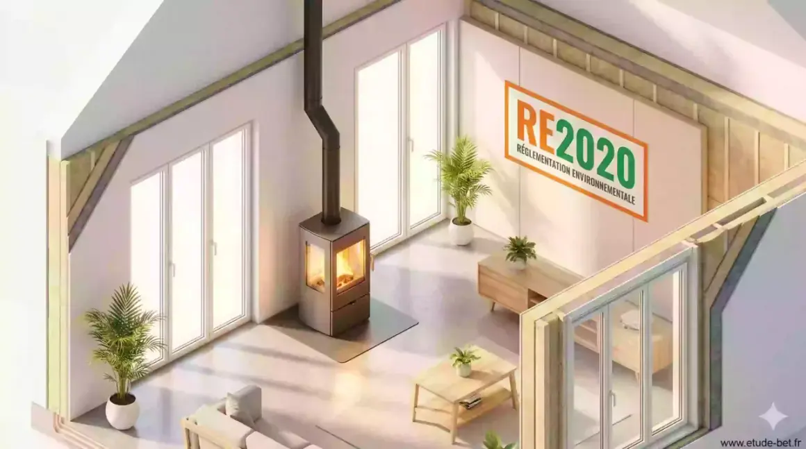Un poêle moderne chauffe une pièce lumineuse, idéalement placé sous un escalier imaginaire. Le logo RE2020 rappelle la réglementation environnementale.