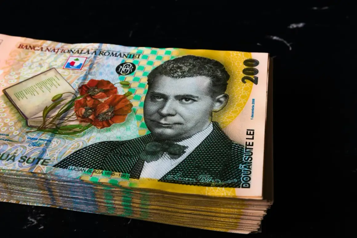 Stos banknotów 200 lei, rumuńska waluta, z wizerunkiem Luciana Blagi i makami.