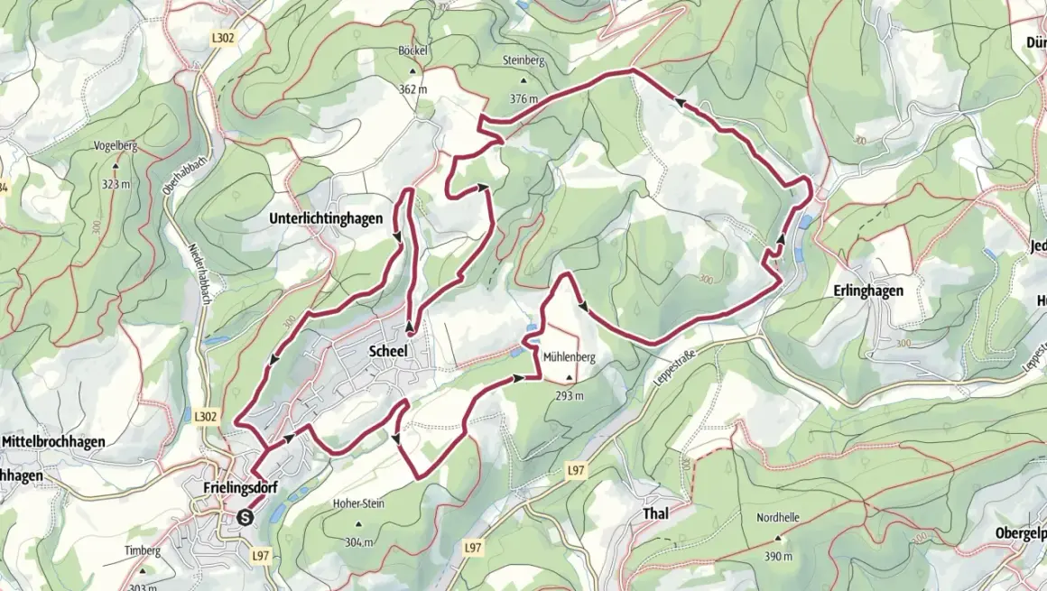 Wanderkarte mit markiertem Weg rund um Frielingsdorf und Scheel. Der sagenweg Lindlar führt durch Wälder und über Hügel, vorbei an Orten wie Unterlichtinghagen und Erlinghagen.