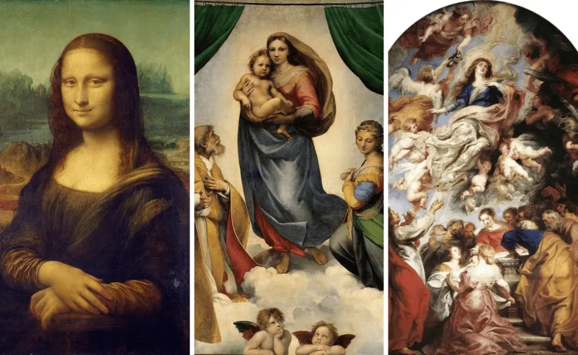 A triptych of famous art in the Renaissance era: Mona Lisa, Raphael's Sistine Madonna, and Rubens' Assumption of the Virgin Mary.